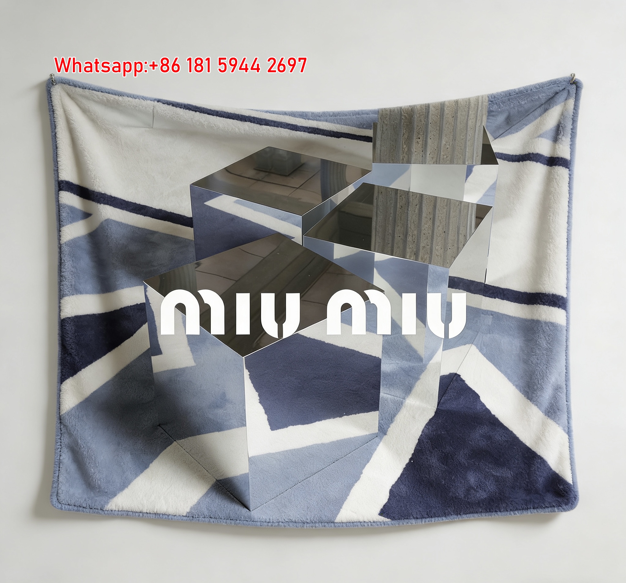 Luxury Miu Miu Navy Blue & White Geometric Print Flannel Sofa Throw Blanket - Mirror Cube Design IMG_0523